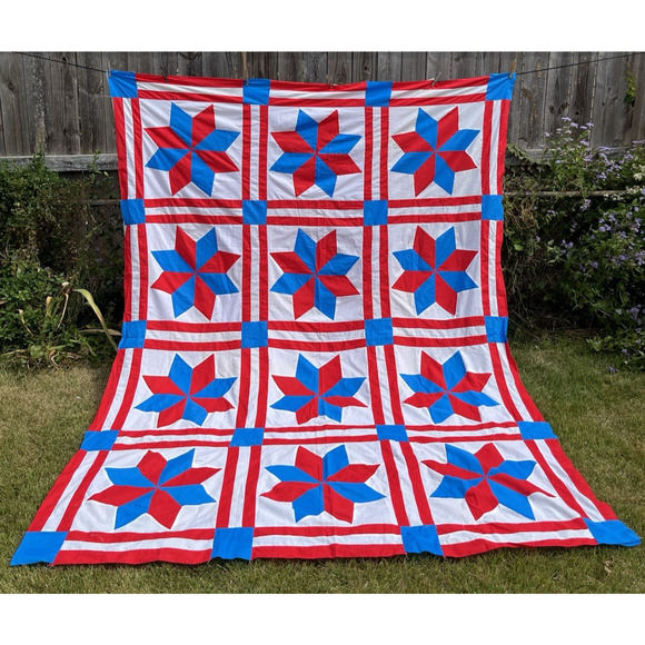 Americana Patriotic Yankee Doodle Stars Quilt TOP Machine Sewn 106x84 Unfinished - Picture 1 of 10